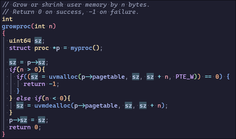 sbrk通过growproc分配内存