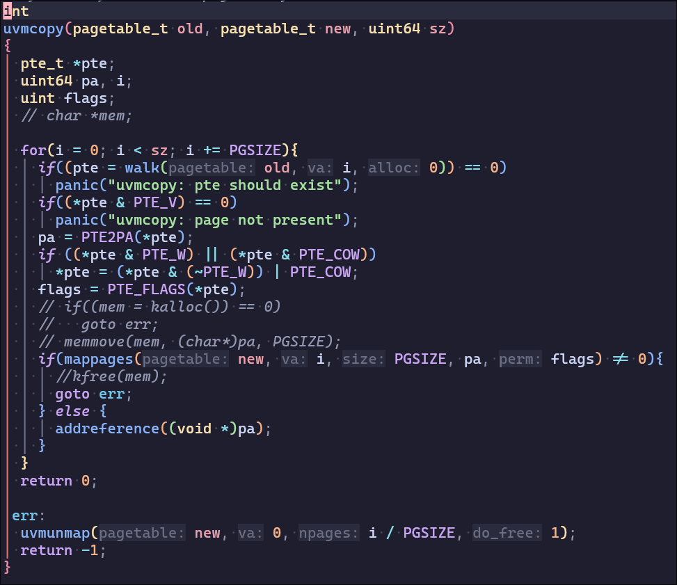 COW fork的uvmcopy实现